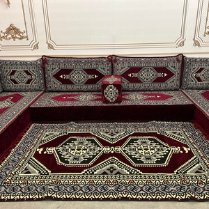 Arabic Sofa 8 inch Maroon Color U Shaped,Arabic Majlis,Arabis Sofa Floor Seating Set,Arabic Sofa Set,Arabic Sofa,Bench Cushions U Sofa + Rug