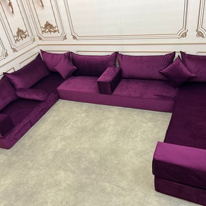 Unique Magic Purple Handmade Stylish Modern Living Room, Boho Floor Sofa, U Shaped Arabic Sofa Set, Custom Made Sofa,Velvet Floor Sofa image 10