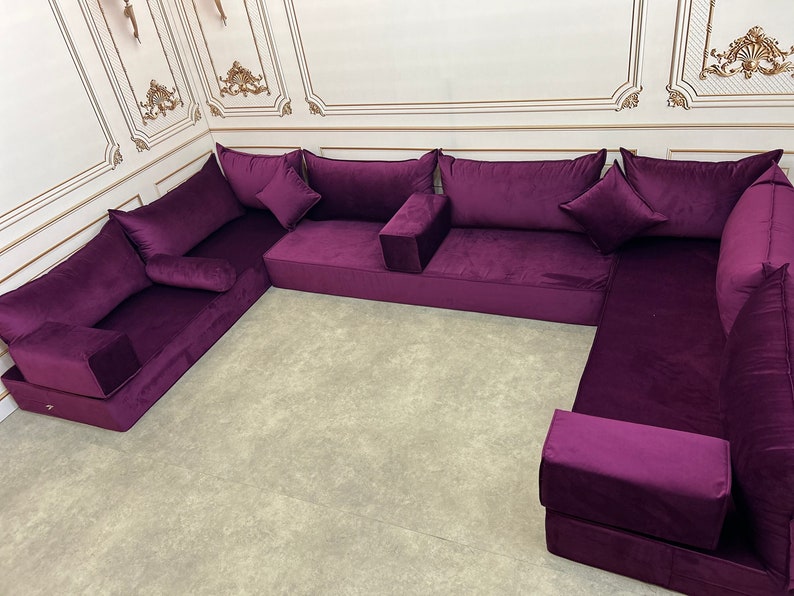 Unique Magic Purple Handmade Stylish Modern Living Room, Boho Floor Sofa, U Shaped Arabic Sofa Set, Custom Made Sofa,Velvet Floor Sofa image 10