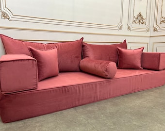 Cojín de banco de terciopelo de lujo de color rosa seco, sofá de diseño boho, sofá Majlis de estilo árabe, sofás de yoga de meditación, sofá de sala de estar moderno