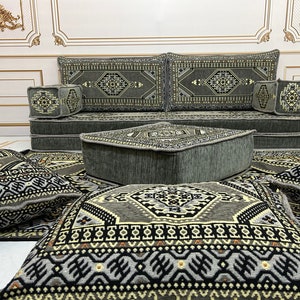Grey Arabic Majlis Sofa Set: Floor Seating, Ottoman & Rug