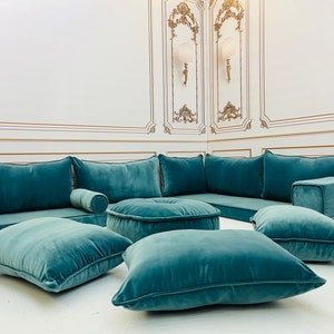 Royal Green Velvet Floor Seating Cushion Couch: L-Shaped Sofa Set