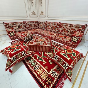 L-Shaped Arabic Majlis Floor Seating Set: Sunset Sofa, Rug & Pillows