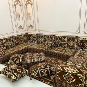 Brown Moroccan Floor Seating Set: Arabic Majlis Sofa, Daybed Cushions