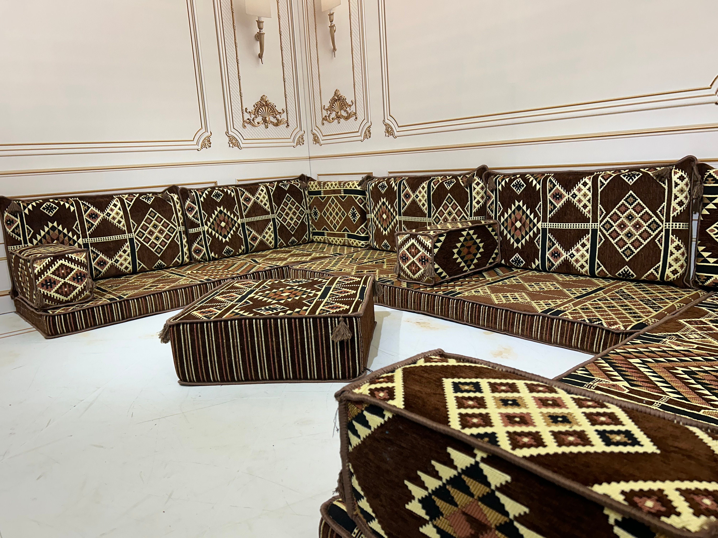 Majilis Rug U-shaped Brown Arabic Majlis Sofa Set: Floor Seating, Ottoman & Rug ...