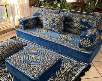 Ensemble de canapé arabe bleu magique de 20 cm (8 po.) d'épaisseur, majlis arabe, canapé sectionnel, décoration de salon, canapé majlis arabe, anatolien, tapis de canapé ottoman