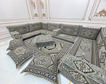 4''Thick U Shaped Grey Sofa,Arabic Majlis,Sectional Sofa,Living Room Home Decor,Arabic Majlis Sofa,Anatolian,Ottoman Couch Rug,U Shaped