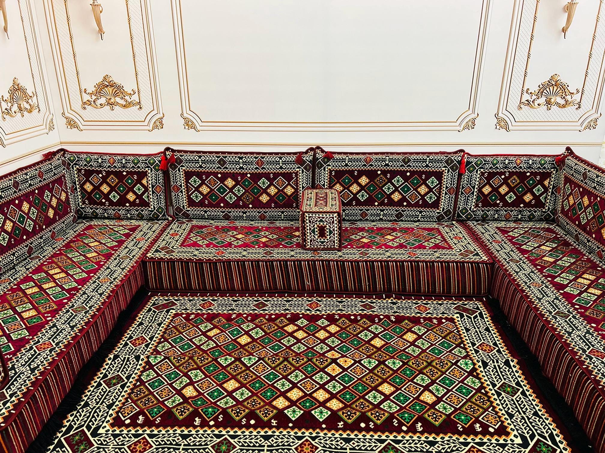 Majilis Rug Burgundy Arabic Majlis: U-shaped Floor Seating Set With Geometric Rug ...