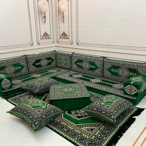 4&quot; Thick L Shaped Emerald Sofa Set,Arabic Majlis,Sectional Sofa,Living Room Home Decor,Arabic Majlis Sofa,Anatolian,L Shaped Sofa Set