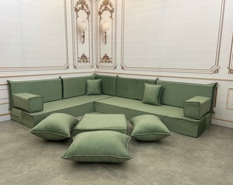 Water Green Color Modern Living Room L Shaped 8 inch Thick Floor Seating Cushion Sofa Set, Water Green ,Soft Touch Floor Sofa,L Shaped Sofa