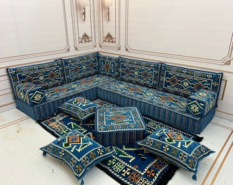Blue Anatolian L-Shaped Arabic Floor Sofa Seating Set