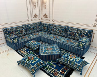 Blue Anatolia Arabic Sofa 8 inch L Shaped Arabic Sofa Floor Seating Set,Boho Floor Couches,Living Room Sofa Set,Arabic Majlis,Corner Sofa