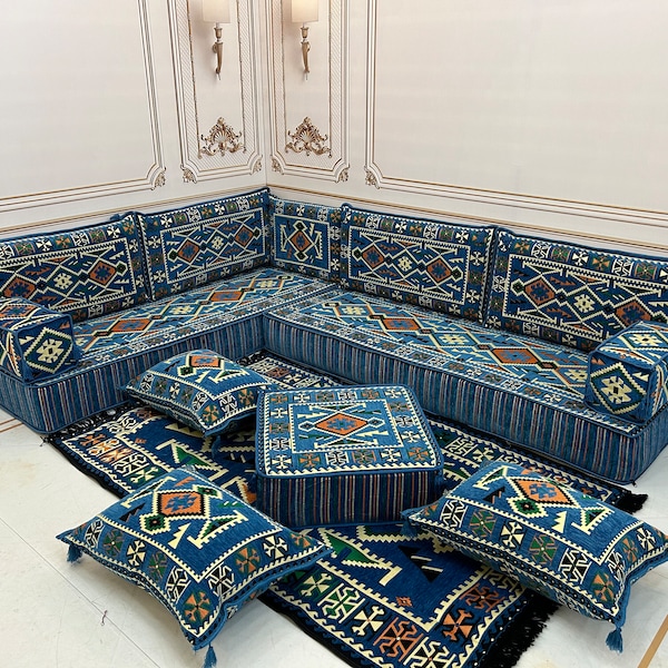 Blaues Anatolia Arabisches Sofa 8-Zoll-L-förmiges arabisches Sofa-Boden-Sitzset, Boho-Boden-Sofas, Wohnzimmer-Sofa-Set, arabisches Majlis, Ecksofa