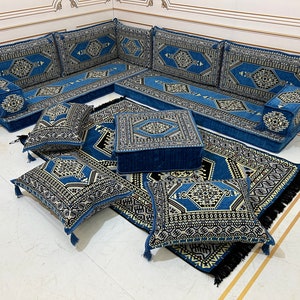 Blue L-Shaped Arabic Majlis Sofa Set: Turkish Floor Seating