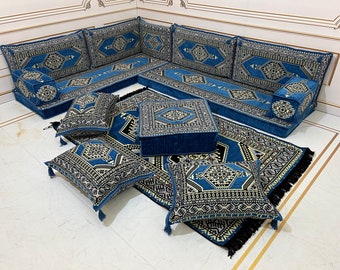 4" Thick L Shaped Blue Sofa Set,Arabic Majlis,Sectional Sofa,Living Room Home Decor,Arabic Majlis Sofa,Anatolian,Turkish Floor Seating Set