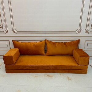 8'' Thick Unique Mustard Color Luxury Velvet Floor Seating Cushion Couch,Velvet Floor Cushion,Velvet Floor Sofa,Velvet Floor Couch 8'' Sofa Only