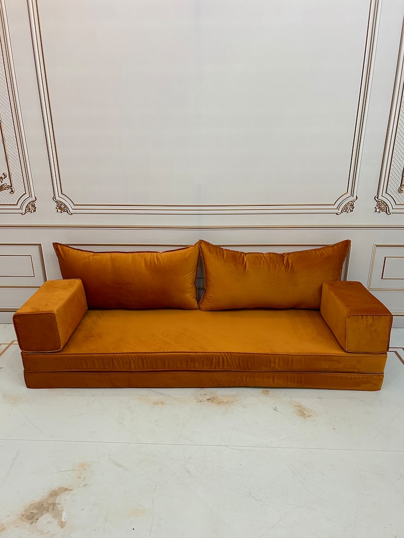8'' Thick Unique Mustard Color Luxury Velvet Floor Seating Cushion Couch,Velvet Floor Cushion,Velvet Floor Sofa,Velvet Floor Couch 8'' Sofa Only