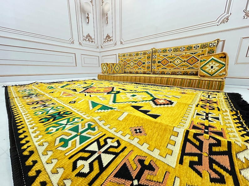 Majlis Rug Yellow Arabic Majlis Sofa Set: Floor Seating, Ottoman & Rug - Etsy