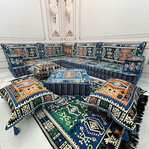 8&#39;&#39; Thickness L Shaped Bodrum Milas Blue Arabic Sofa Floor Seating Set,Boho Floor Couches,Living Room Sofa Set,Arabic Majlis,Corner Sofa