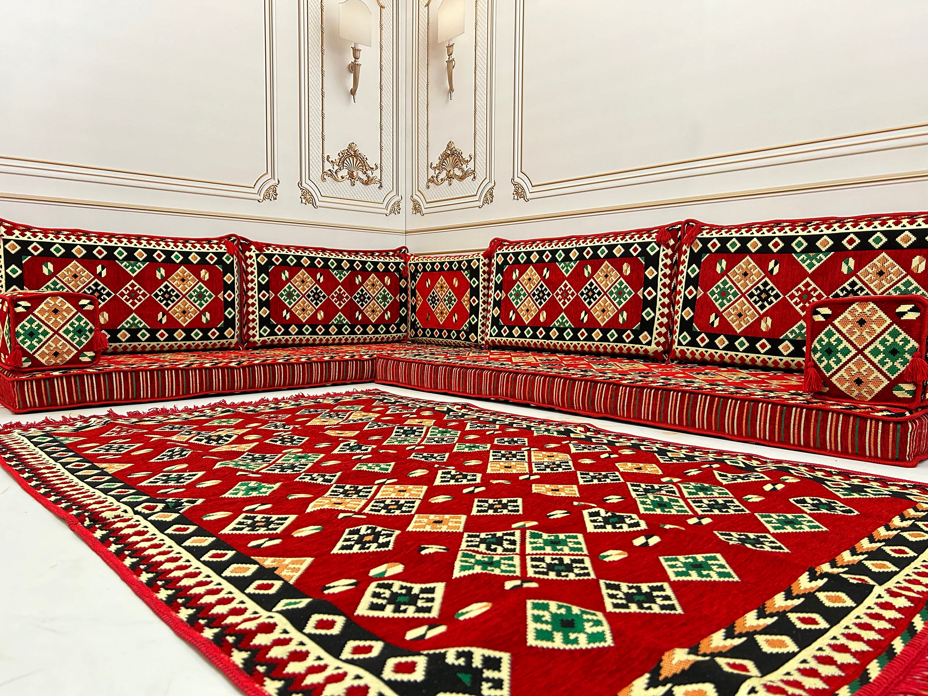 Majilis Rug Red Arabic Majlis Sofa Set: L-shape Floor Seating, Rug & Pillows - Etsy