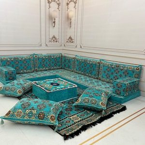 Turquoise Arabic Majlis Sofa Set: L-Shape Floor Seating