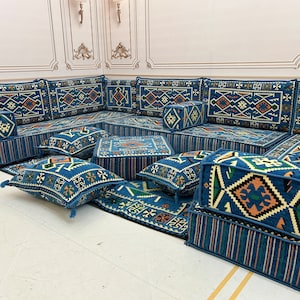 Blaues Anatolia Arabisches Sofa 20,3 cm U-förmige Arabisch Sofa Set,Arabisch Majlis,Bodenkissen,Terrassenmöbel,Schnittsofa,Terrassenmöbel