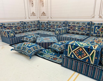 Blue Anatolia Arabic Sofa 8 inch U Shaped Arabic Sofa Set,Arabic Majlis,Floor Cushions,Terrace Furniture,Sectional Sofa,Patio Furniture