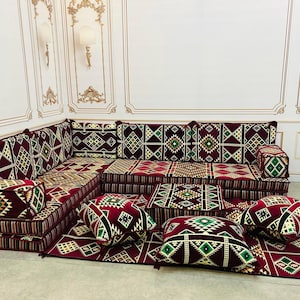 Arabic Sofa 8 inch Thick Arabic Floor Seating L Shaped Sofa,Living Room Sofa Set,Arabic Majlis,Corner Sofa,Ethnic Patterns Floor Seating Set