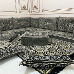 Authentic Grey L Shaped Arabic Sofa Floor Seating Couch,Traditional Living Room Decor,Floor Cushion Couch,Sofa Couch-4&quot; THICK