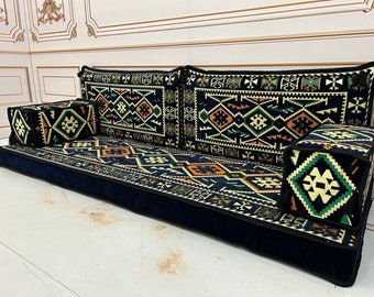 4" Thick Navy Blue Ethnic Arabic Sofa,Arabic Majlis,Sectional Sofa,Living Room Home Decor,Floor Sofa,Boho Floor Couch,Arabic Floor Seating