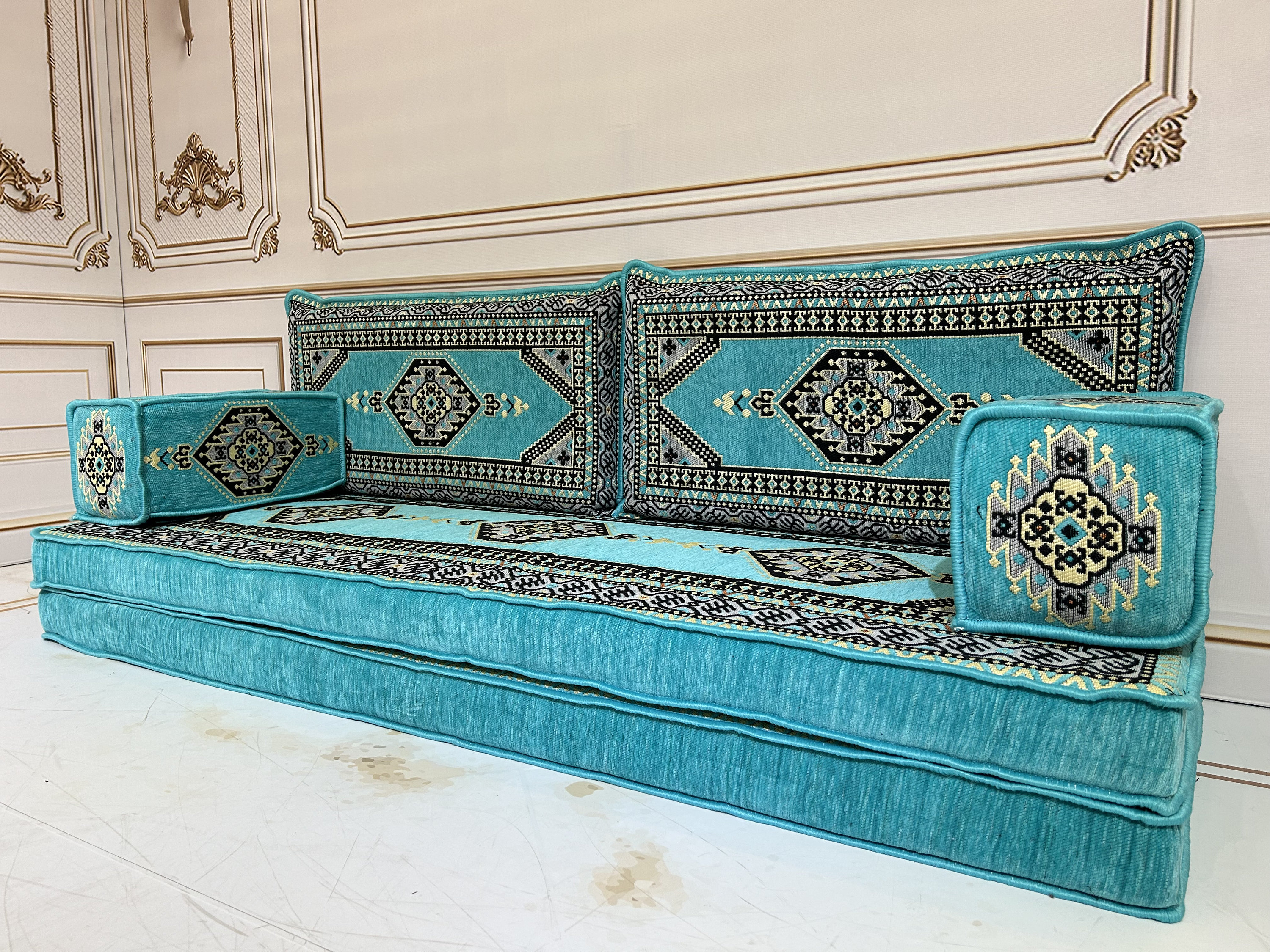 Turquoise Arabic Majlis Sofa Set: Floor Seating, Ottoman & Rug - Etsy