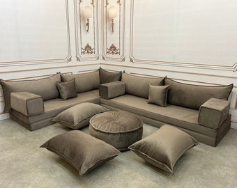 Mocha Velvet Floor Seating Cushion Couch: L-Shaped Sofa Set
