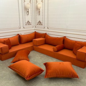 Amber Velvet L Shaped Floor Sofa Set: Handmade Boho Living Room Seating
