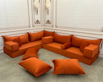 L Shaped Sofa Set Unique Amber Color Handmade Stylish Modern Living Room , Boho Floor Sofa, Custom Made Sofa, Velvet Floor Sofa