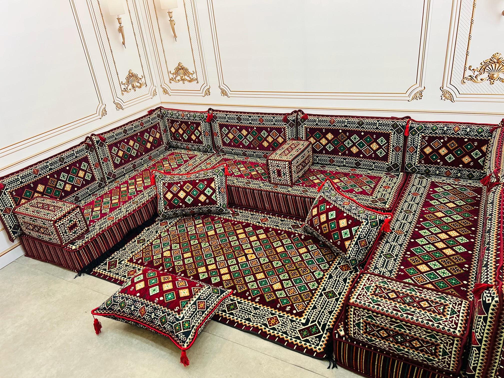 Majilis Rug Burgundy Arabic Majlis: U-shaped Floor Seating Set With Geometric Rug ...
