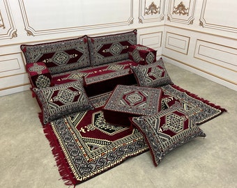 Maroon Floor Sofa Seating Set,Ottoman Couch Rug,Floor Seating Pillows,Arabic Majlis Jalsa,Turkish Floor Sofa, Sectional Sofa,Arabic Sofa Set