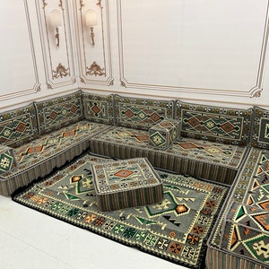 Canapé en forme de U, gris anatolien, canapé arabe de 20 cm 8 po., décoration de salon traditionnelle, canapé coussin de sol, canapé de sol arabe U Sofa+Rug + Ottoman