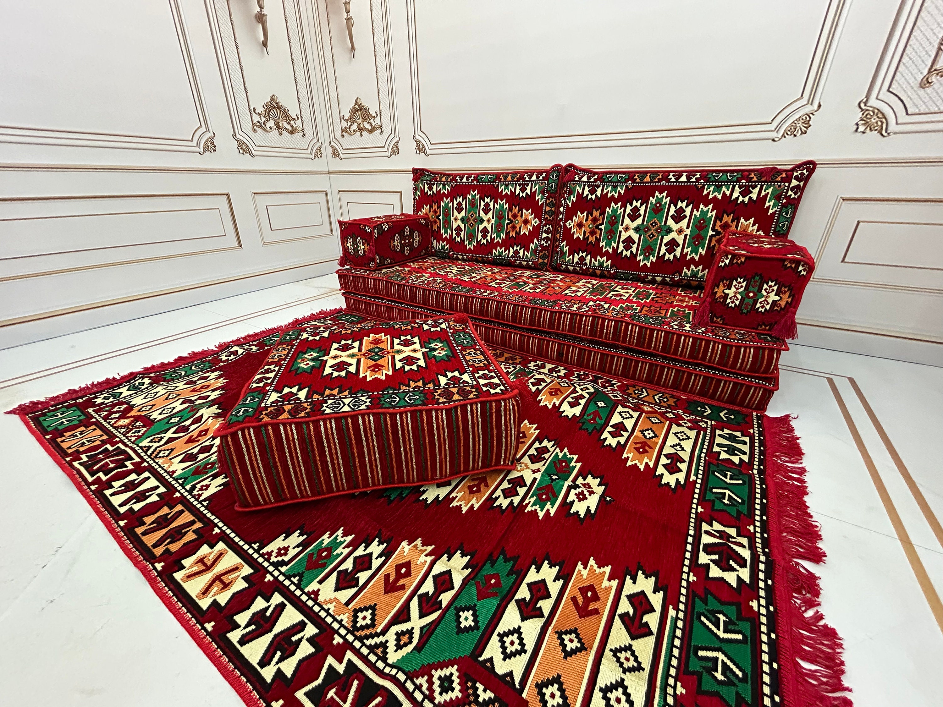 Majlis Rug Red Pine Arabic Majlis Sofa Set: Floor Seating, Ottoman Couch & Rug - Etsy