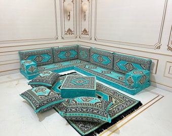 4" Thick L Shaped Turquoise Sofa,Arabic Majlis,Sectional Sofa,Living Room Home Decor,Arabic Majlis Sofa,Anatolian,Turkish Floor Seating Set