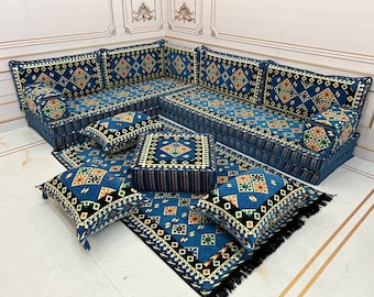 Arabic Sofa 8 inch L Shaped Navy Ethnic Arabic Living Room Floor Seating Sofa Set,Pallet Cushion Set,Modular Design Floor Cushion