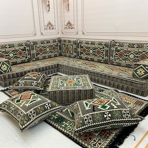 8&#39;&#39; Thickness L Shaped Anatolian Grey Arabic Sofa Floor Seating Set, Boho Floor Couches, Living Room Sofa Set, Arabic Majlis, Corner Sofa