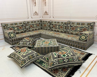 8'' Thickness L Shaped Anatolian Grey Arabic Sofa Floor Seating Set, Boho Floor Couches, Living Room Sofa Set, Arabic Majlis, Corner Sofa