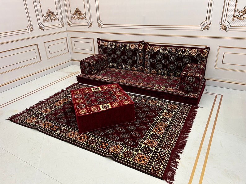 4 Thick Ethnic Floor Cushion Seating Couch,Arabic Sofa,Sectional Sofa,Ottoman Couch, Kilim Rug,Turkish Floor Sofa Set,Sofa Ottoman Rug zdjęcie 3