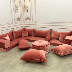 Salmon Velvet Floor Seating Cushion Couch: L-Shaped Modular Sofa