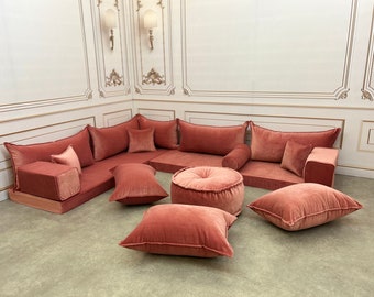 Salmon Velvet Floor Seating Cushion Couch: L-Shaped Modular Sofa
