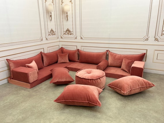 Salmon Color L Shaped 4 Thick Luxury Velvet Floor Seating Cushion Couch velvet Floor Cushion velvet Floor Sofa velvet Sofa Salmon velvet Etsy