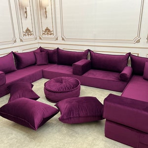 Unique Magic Purple Handmade Stylish Modern Living Room, Boho Floor Sofa, U Shaped Arabic Sofa Set, Custom Made Sofa,Velvet Floor Sofa 8" Thick Full Set