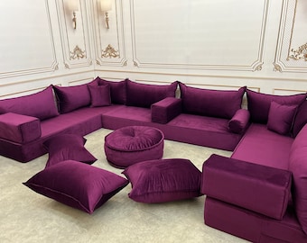 Unique Magic Purple Handmade Stylish Modern Living Room, Boho Floor Sofa, U Shaped Arabic Sofa Set, Custom Made Sofa,Velvet Floor Sofa