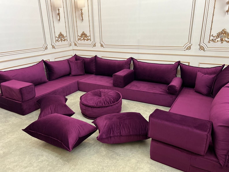 Unique Magic Purple Handmade Stylish Modern Living Room, Boho Floor Sofa, U Shaped Arabic Sofa Set, Custom Made Sofa,Velvet Floor Sofa 8" Thick Full Set