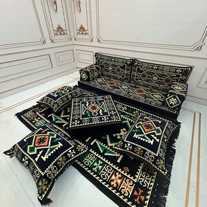 4&quot; Thick Navy Blue Ethnic Pattern Boho Floor Cushion Seating Couch,Arabic Sofa,Sectional Sofa,Ottoman Couch,Kilim Rug,Turkish Floor Sofa Set